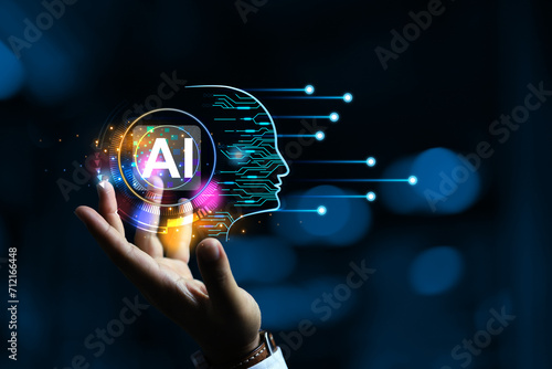 Foto AI generative concept with programmer hand holding virtual command interface of