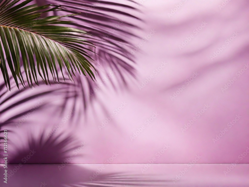 Tropical green palm leaf with shadow on a pink pastel background ai image 