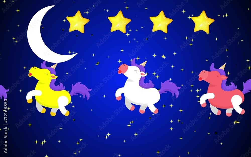 unicorns flying in the night sky, with animated moon, stars and hors background footage 4k loop video unicorns flying in the night sky, with animated moon, stars and hors background footage 4k loop video