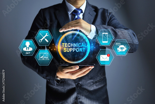 technical support concept with businessman holding a customer service information icon after sale service such as repair, newsletter e-mail, question and answer, on site services 24 hour in 7 day photo