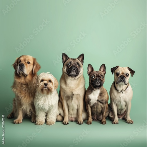 group of dogs posing for family portrait on pale green background