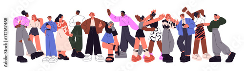 Different groups of people set. Happy friends greeting, hug. Colleagues communicate. Characters standing with phone. Conversation in society. Flat isolated vector illustration on white background