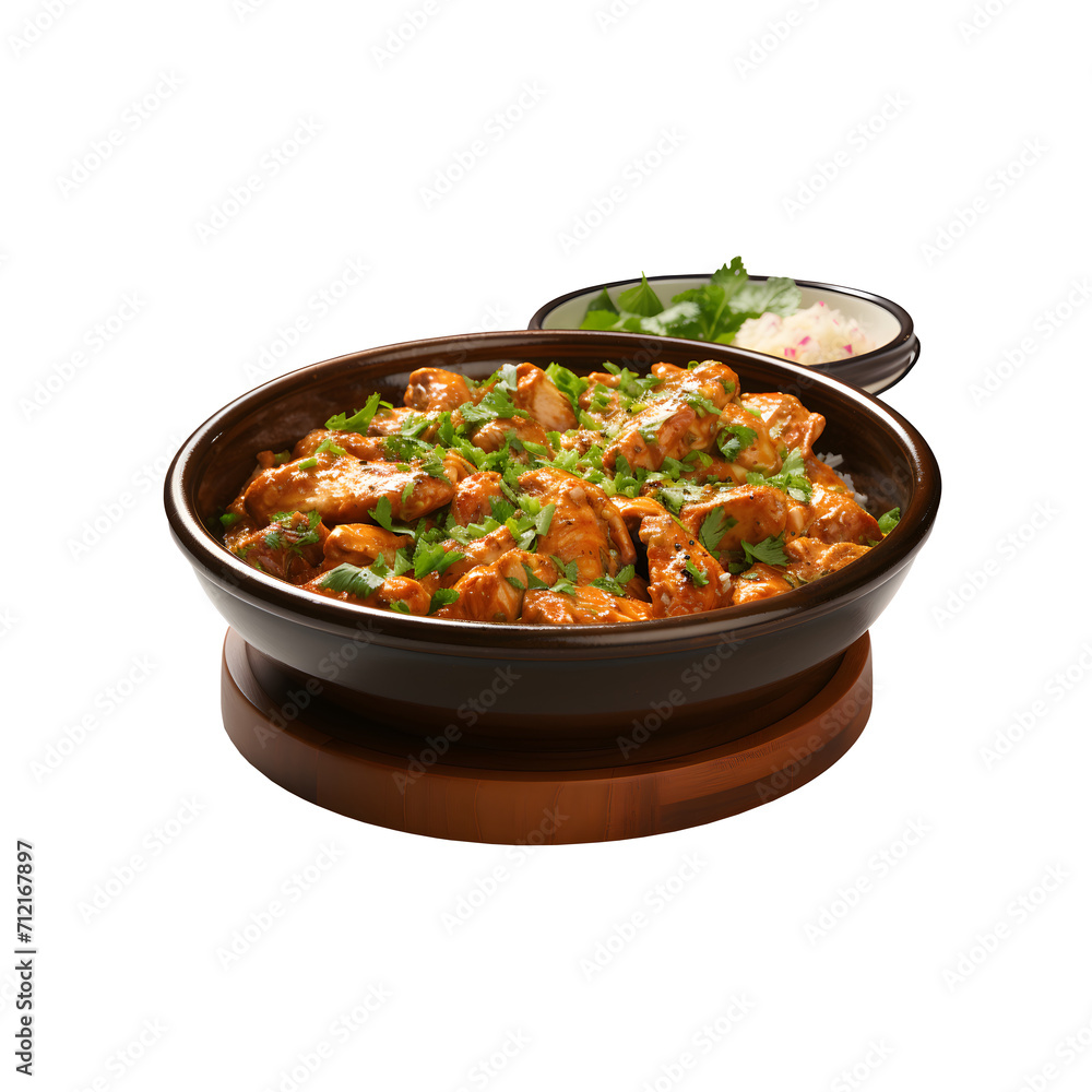 Indian butter chicken curry in balti dish Hyperrealistic Highly Detailed Isolated On Transparent Background