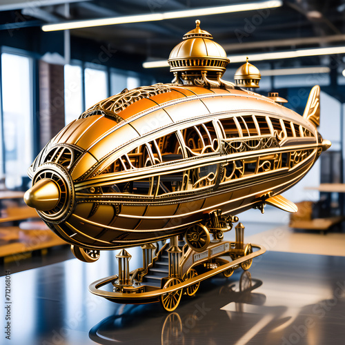 Hyper-realistic mechanized conventional steampunk zeppelin model with complicated machinery and lots of component movement