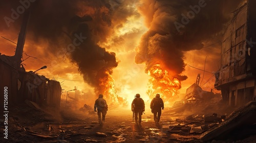 Soldiers Facing Destruction in a War-Torn Cityscape