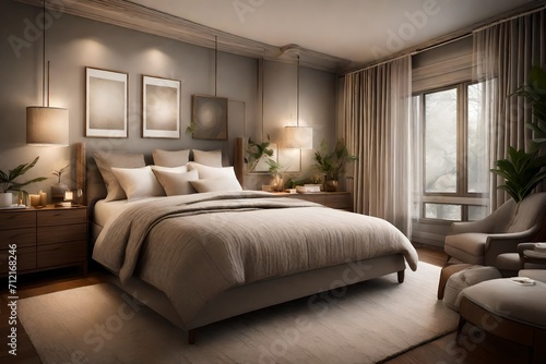 American suburban bedroom  with neutral tones  plush bedding  and subtle ambient lighting creating a peaceful atmosphere