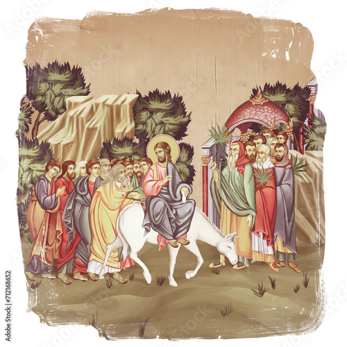 Palm Sunday. Jesus' triumphal entry into Jerusalem. Christian illustration in Byzantine style isolated