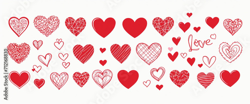 Doodle hearts sketch set. Various different hand drawn heart icon love collection isolated on white background. Red heart symbol for Valentines Day.