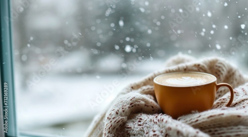 a cup of coffee with a blanket sits on a windowsill in winter