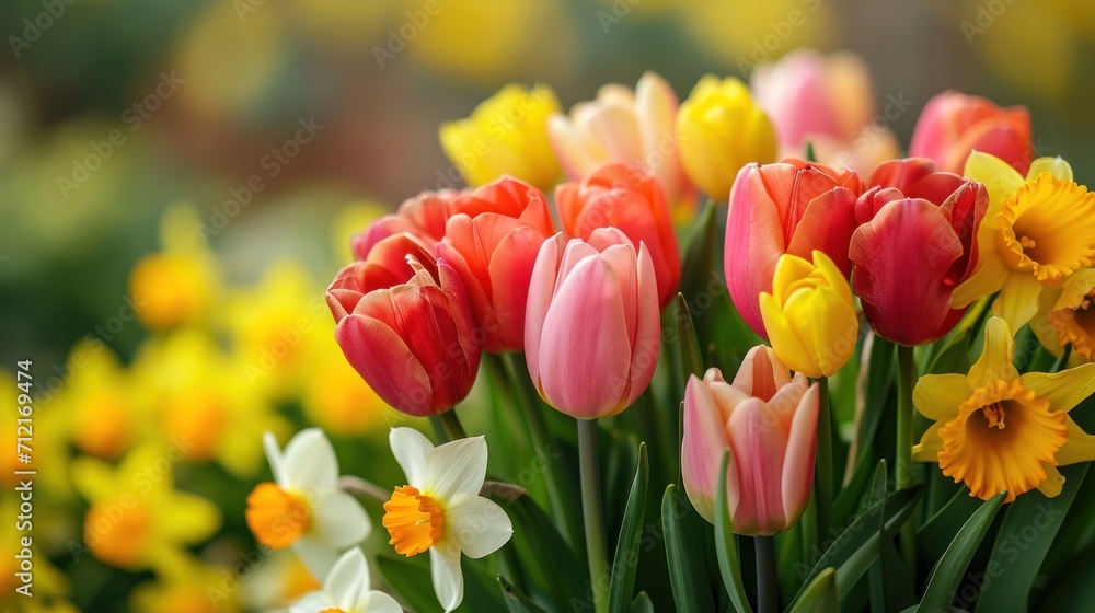 Blooming tulips, daffodils, and Easter lilies in a vibrant springtime arrangement