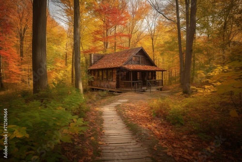 A cabin nestled in the autumn woods with a path leading to a cozy cottage surrounded by colorful leaves. Generative AI