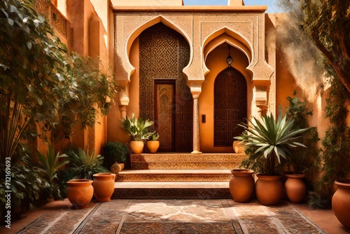 inviting exterior of a traditional Middle-Eastern villa  featuring an ornate entrance  lush gardens  and warm terracotta hues under the golden sunlight