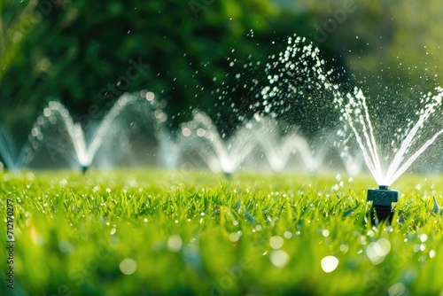 Automatic sprinkler lawn watering system water in motion blur. Copy space image