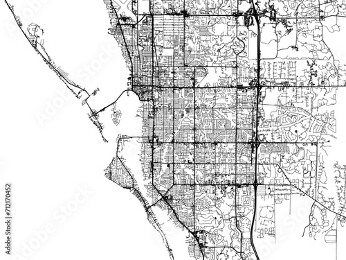 Vector road map of the city of  Sarasota  Florida in the United States of America with black roads on a white background.