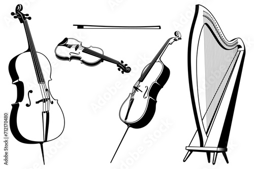 String music instruments Set. Violin, cello, double bass, harp. Outline vector cliparts isolated on white.