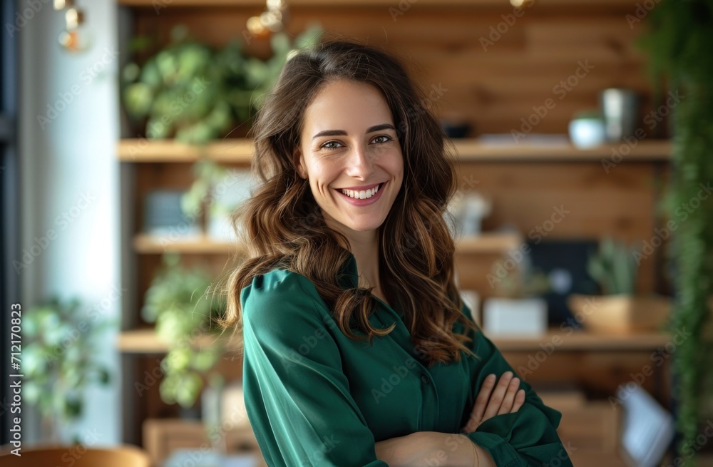 attractive business woman smiling with arms crossed in office