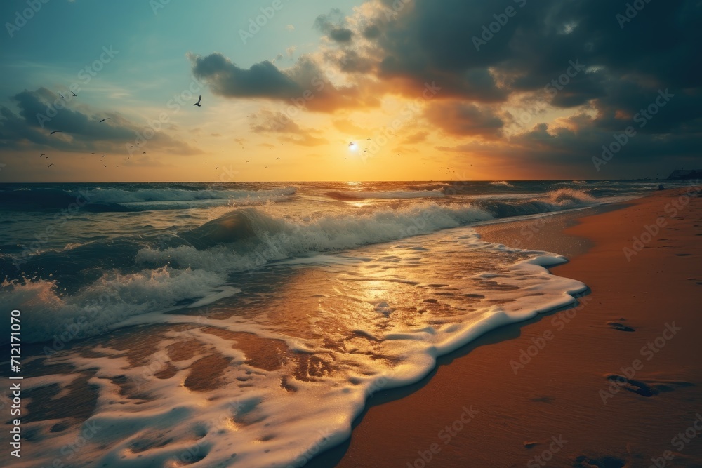 A beautiful, breathtaking sunset over the sea and the beach