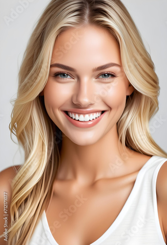 Portrait of a beautiful and cute blonde female model with perfect clean teeth and smile isolated on white background. advertising and web design