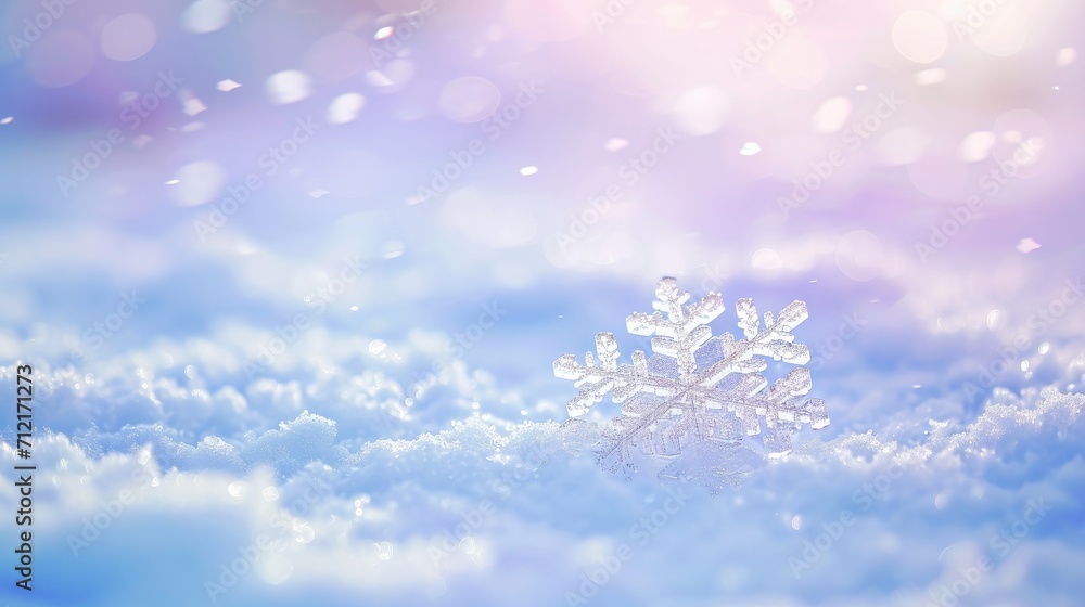 A close-up of a large snowflake on a snowy ground with sunlight in the background A close-up of a large snowflake on a snowy ground with sunlight in the background