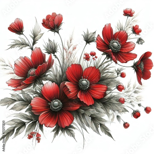 red flowers,white background,sketched