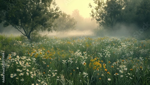 a grassy field full of wildflowers and trees