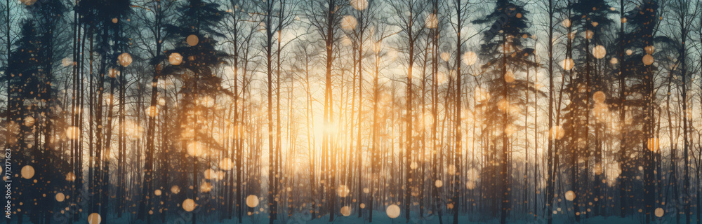 the sun shines through the trees in a winter wooded outdoors, in the style of retro filters, light turquoise and dark beige the sun shines through the trees in a winter wooded outdoors, in the style of retro filters, light turquoise and dark beige