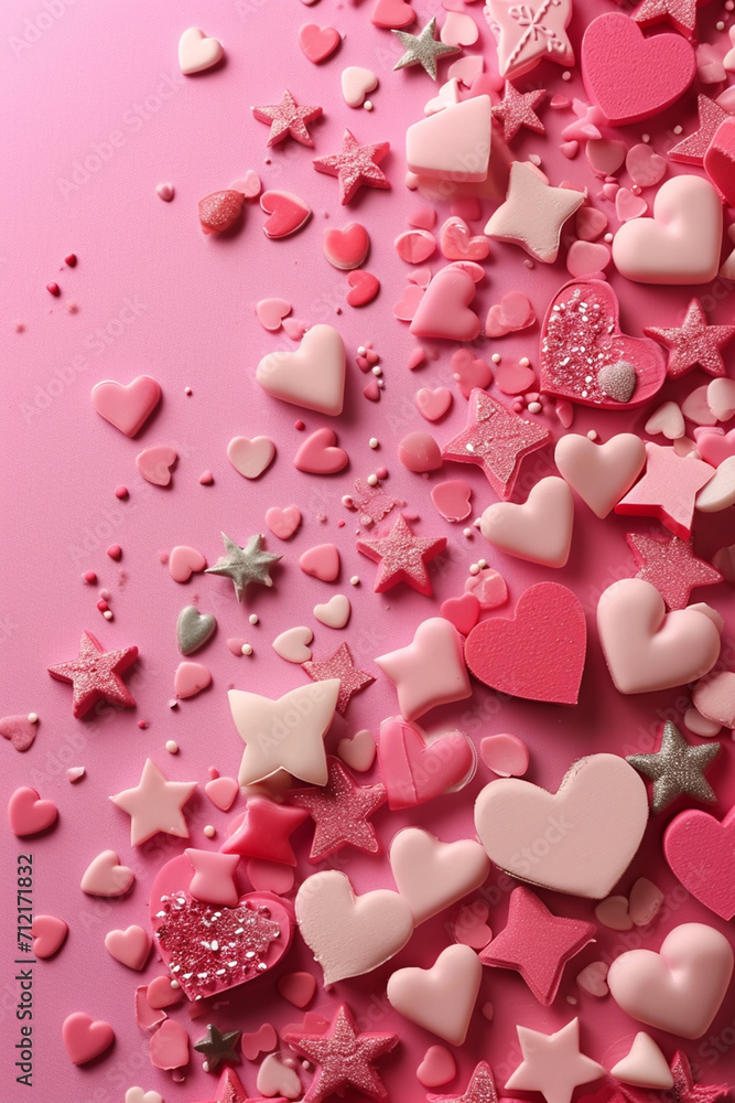Pink card with hearts and sparkles for Valentine's Day. selective focus. Generative AI,