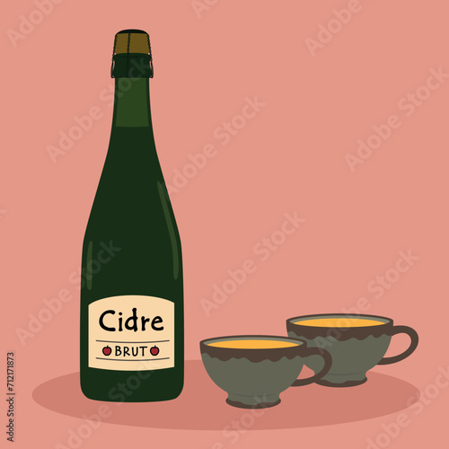 シードル　ボトルとカップのイラスト