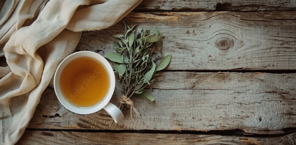 a cup of tea and a bundle of dried leaves on a wooden table a cup of tea and a bundle of dried leaves on a wooden table