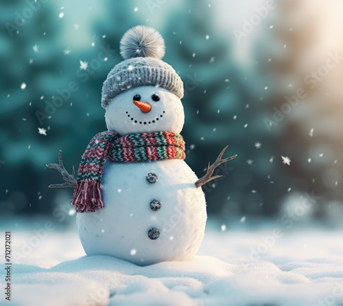 Snowman with hat and scarf in the winter season with blurred background.
