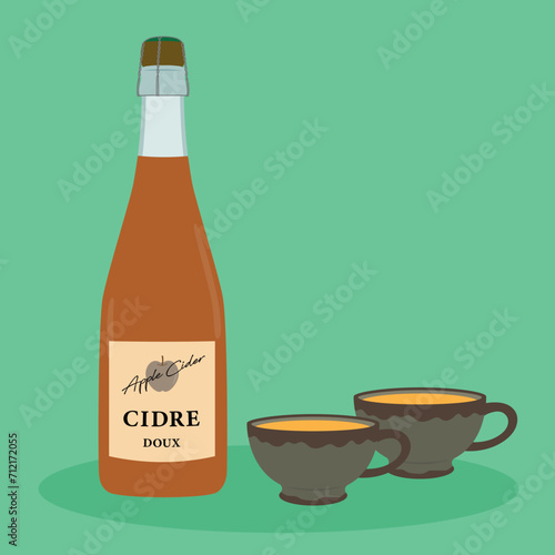 シードル　ボトルとカップのイラスト