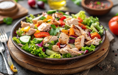 chicken salad on table with vegetables