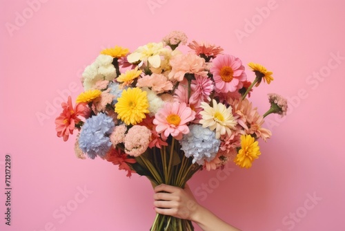 Bouquet of flowers in hand. Woman with flowers isolated on pink background