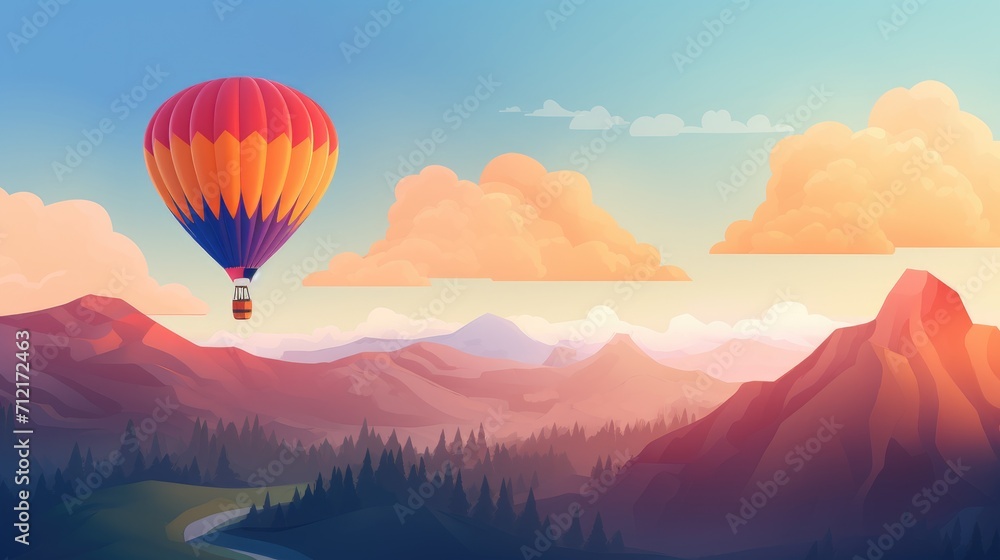 A hot air balloon flies over a forest and cloudy mountains