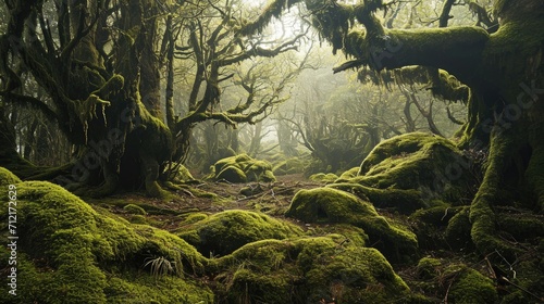 Dark moss covered misty forest with widely branched trees