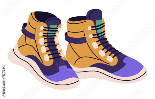 Multicolor high top sneakers. Basketball boots. Trainers for running, walking. Sport footwear in casual style. Fashion unisex shoes for training. Flat isolated vector illustration on white background