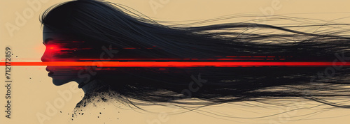 Crimson Cascade, An Enchanting Vision of a Woman With Luscious Flowing Locks in a Scarlet Aura
