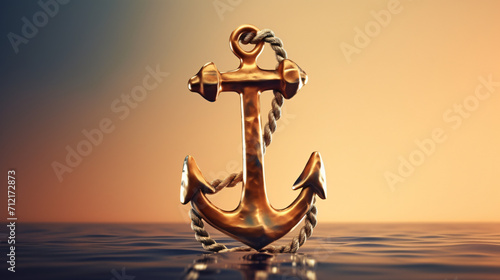 Realistic shiny steel 3d anchor with beige rope cart