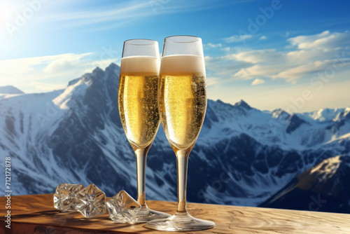 a glass of champagne in front of snowy mountains, in the style of photorealist details, light yellow and white, poster, photo taken with provia,