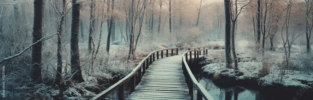 a wooden trail in the woods on a winter day, in the style of retro filters, light emerald and gray, colorful landscapes, stark honesty, forestpunk, photorealistic detail
a wooden trail in the woods on a winter day, in the style of retro filters, light emerald and gray, colorful landscapes, stark honesty, forestpunk, photorealistic detail