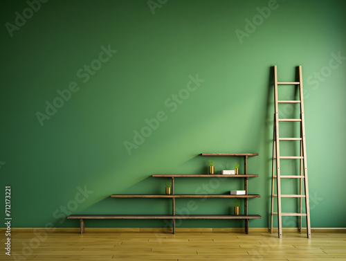 Empty green wall room with ladders and wooden steps
