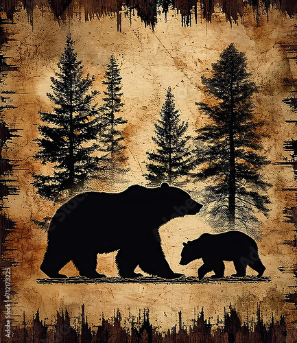 Silhouetted bears walk amidst tall, dark trees on a textured, rustic background. photo