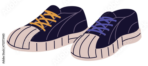 Fashion sneakers with rubber toe. Stylish gumshoes with multicolor laces. Sport shoes pair in urban style. Training footwear, boots, walking trainers. Flat isolated vector illustration on white
