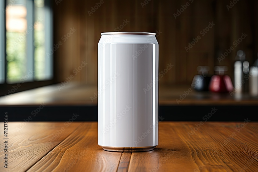 Blank Silver Soda Can Mockup on Wooden Kitchen Table. Blank Silver Soda Can Mockup on Wooden Kitchen Table.