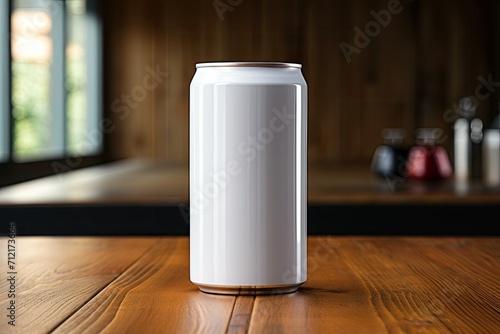 Blank Silver Soda Can Mockup on Wooden Kitchen Table.