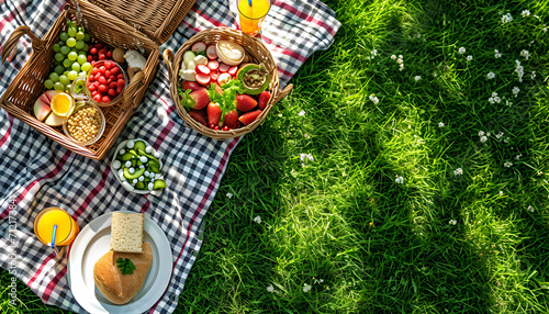 Picnic basket with food and drinks on blanket at summer park
