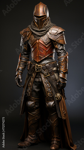 A detailed armored knight costume with a metallic helmet and leather gear