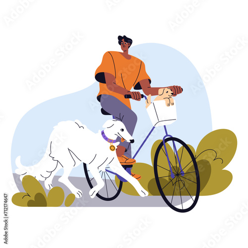 Owner walks dog, carries cute puppy in bike basket. Cyclist strolls his pets during rides bicycle. Doggy lover cycling with domestic animals. Flat isolated vector illustration on white background