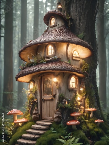 mushroom house, fairy house ,A magical, fantastic forest with tree 