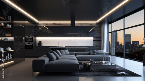 Luxurious open plan livingroom and kitchen in black and dark grey, modern style living room and kitchen interior design.